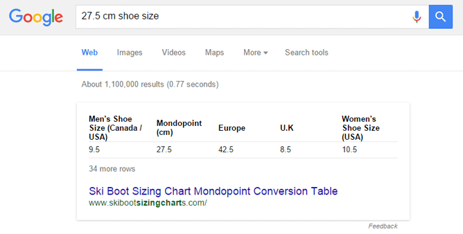 Google 裏技８．足のサイズ cm + shoe size で検索