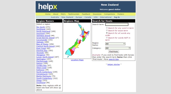 HelpX で登録されているニュージーランドの滞在先ホスト