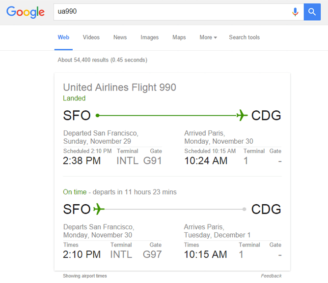 Google 裏技１．飛行機の便名でフライト情報を検索