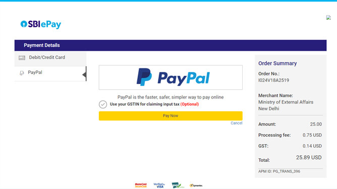 インド e ビザ PayPal 支払い画面
